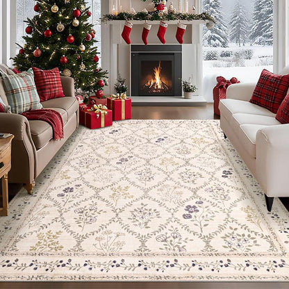 Boho Washable Area Rug - Non Slip Low Pile Machine Washable Carpet for Living Room Bedroom Nursery